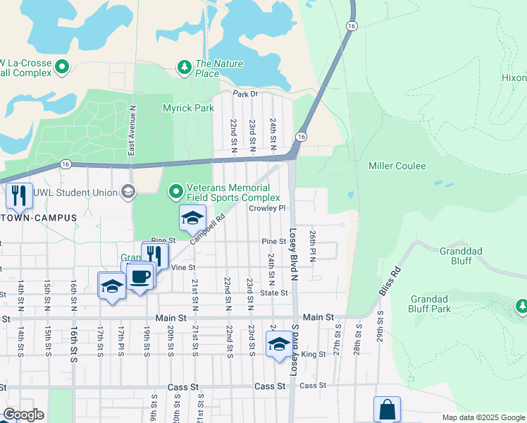 map of restaurants, bars, coffee shops, grocery stores, and more near 447 24th Street North in La Crosse
