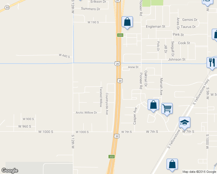 map of restaurants, bars, coffee shops, grocery stores, and more near 461 Countryside Avenue in Rexburg