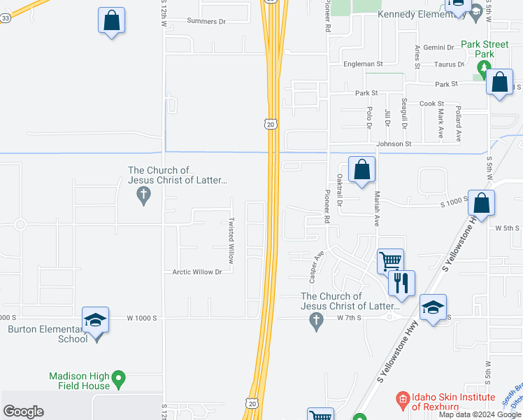 map of restaurants, bars, coffee shops, grocery stores, and more near 460 Sunflower Road in Rexburg