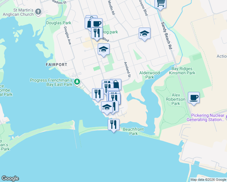 map of restaurants, bars, coffee shops, grocery stores, and more near 1304 Wharf Street in Pickering