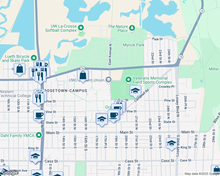 map of restaurants, bars, coffee shops, grocery stores, and more near 521 East Avenue North in La Crosse