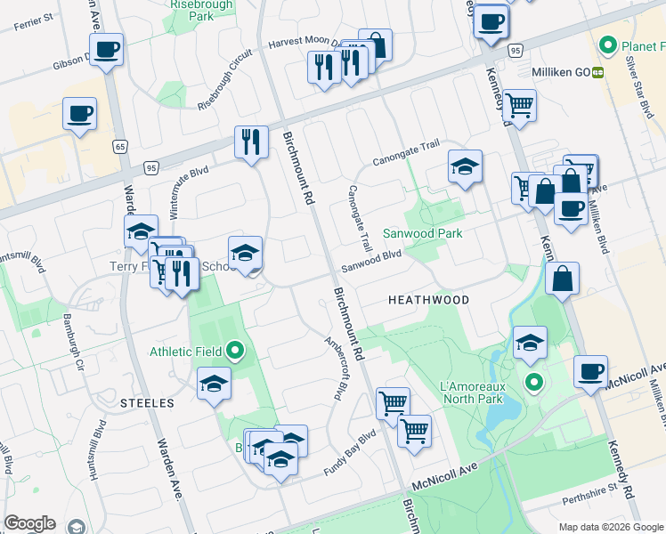 map of restaurants, bars, coffee shops, grocery stores, and more near 1328 Birchmount Road in Toronto