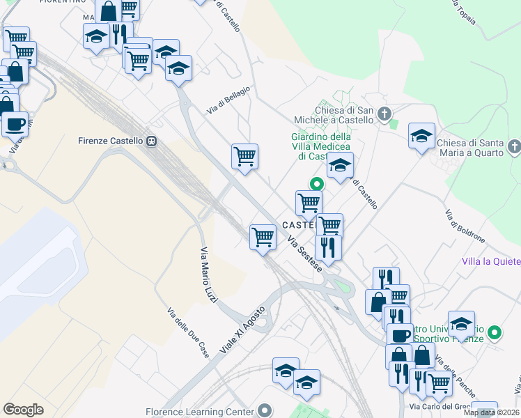 map of restaurants, bars, coffee shops, grocery stores, and more near 93 Via Sestese in Firenze