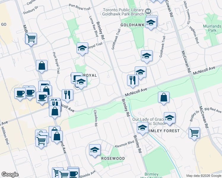 map of restaurants, bars, coffee shops, grocery stores, and more near 43 James Park Square in Toronto