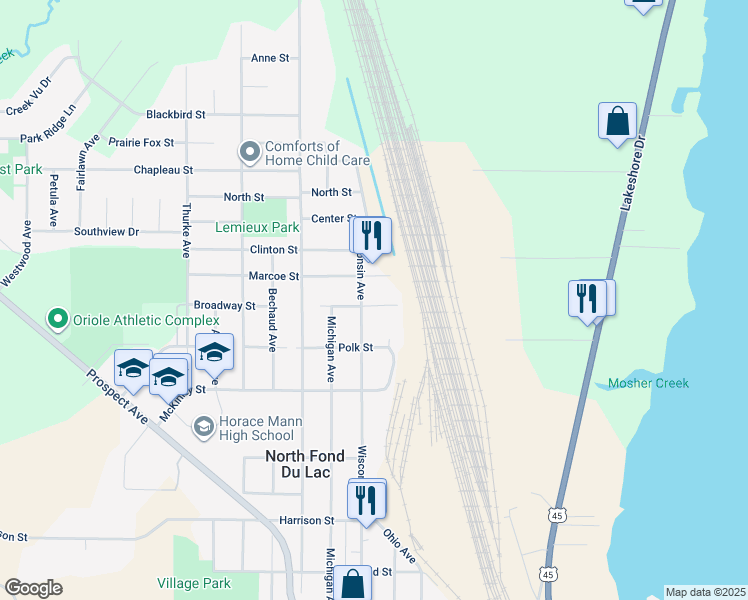map of restaurants, bars, coffee shops, grocery stores, and more near 44 Broadway Street in North Fond du Lac