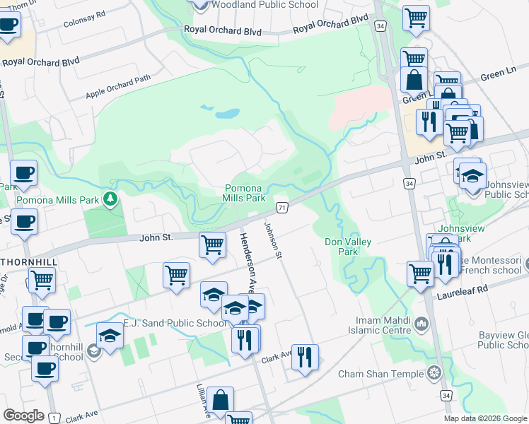 map of restaurants, bars, coffee shops, grocery stores, and more near 160 John Street in Markham