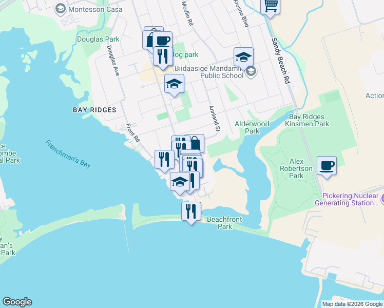 map of restaurants, bars, coffee shops, grocery stores, and more near 1304 Wharf Street in Pickering