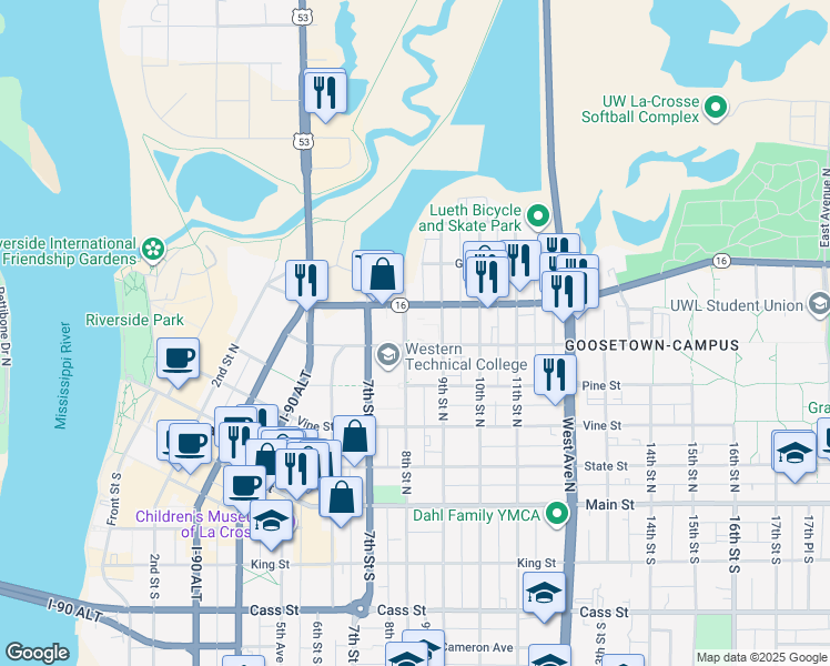 map of restaurants, bars, coffee shops, grocery stores, and more near 508 8th Street North in La Crosse