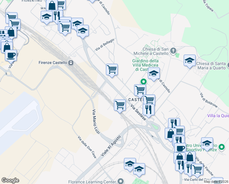 map of restaurants, bars, coffee shops, grocery stores, and more near 93 Via Sestese in Firenze