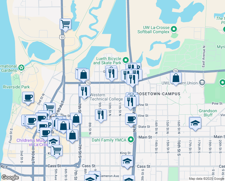 map of restaurants, bars, coffee shops, grocery stores, and more near 508 10th St N in La Crosse
