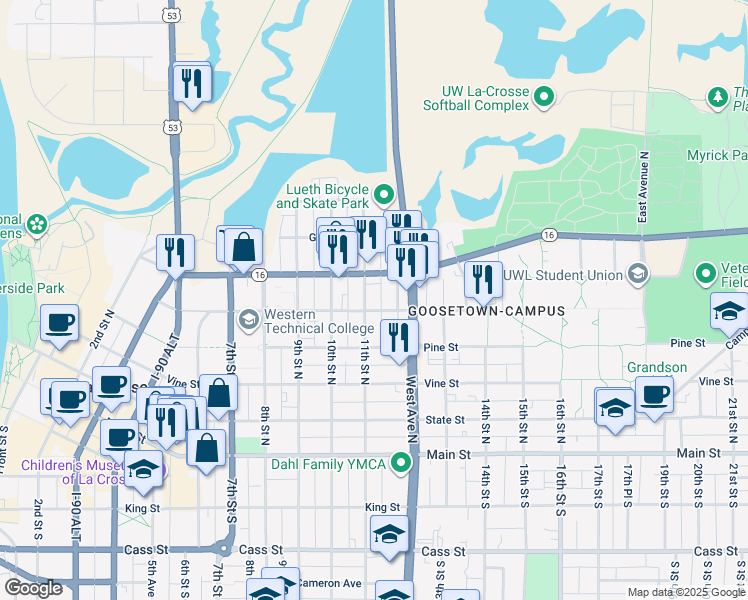 map of restaurants, bars, coffee shops, grocery stores, and more near 504 11th Street North in La Crosse