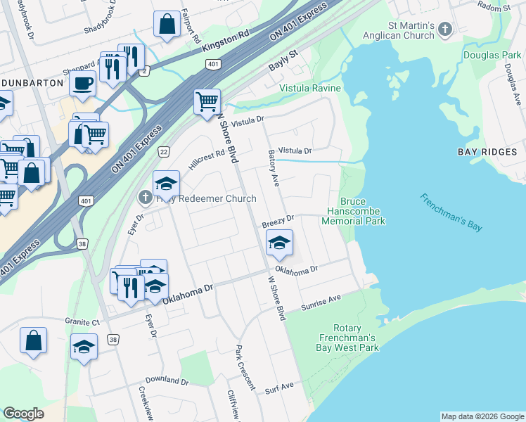 map of restaurants, bars, coffee shops, grocery stores, and more near 786 Oliva Street in Pickering