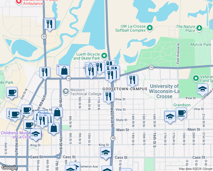 map of restaurants, bars, coffee shops, grocery stores, and more near 509 12th Street North in La Crosse