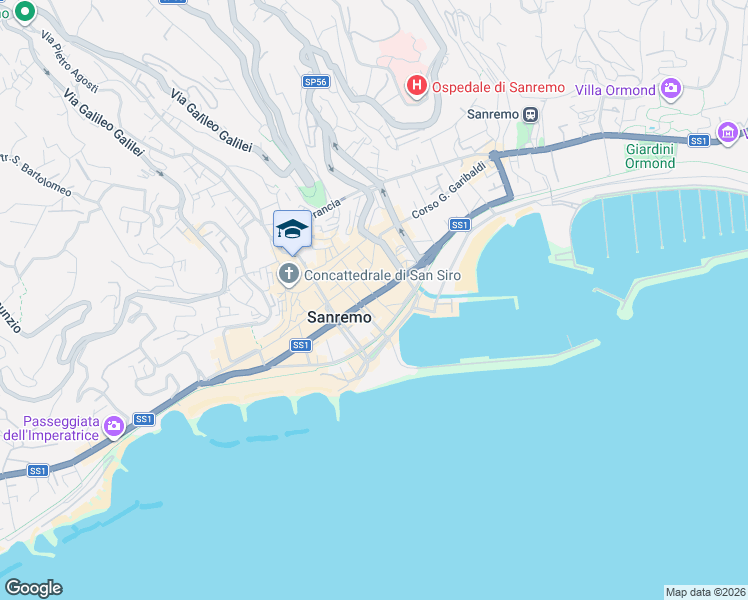 map of restaurants, bars, coffee shops, grocery stores, and more near 45 Via Gaudio in Sanremo