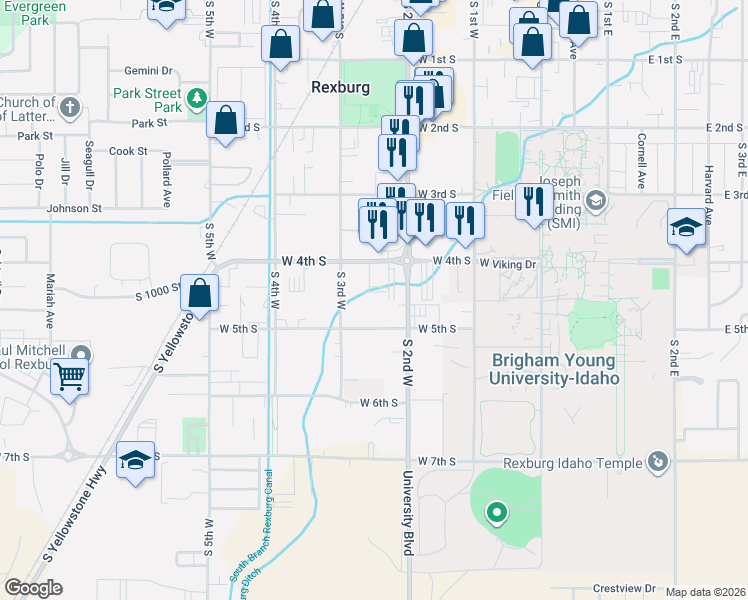 map of restaurants, bars, coffee shops, grocery stores, and more near 440 South 2nd West in Rexburg
