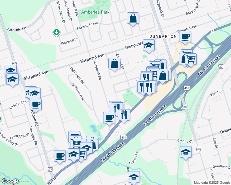 map of restaurants, bars, coffee shops, grocery stores, and more near Lightfoot Place in Pickering