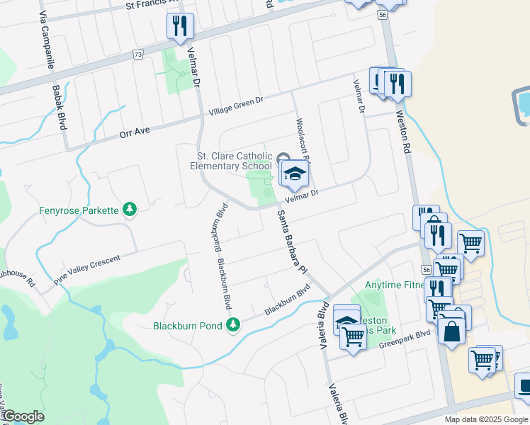 map of restaurants, bars, coffee shops, grocery stores, and more near 1 Radley Street in Vaughan