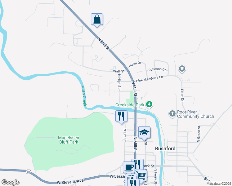 map of restaurants, bars, coffee shops, grocery stores, and more near 206 West Center Street in Rushford