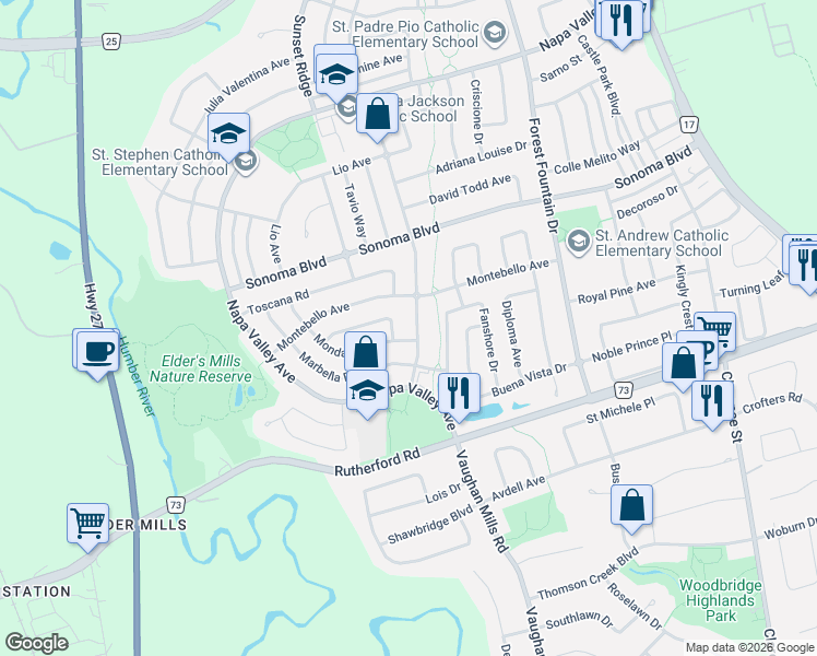 map of restaurants, bars, coffee shops, grocery stores, and more near 5 Ventana Way in Vaughan