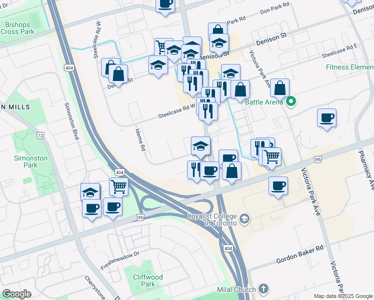 map of restaurants, bars, coffee shops, grocery stores, and more near 55 Idema Rd in Markham