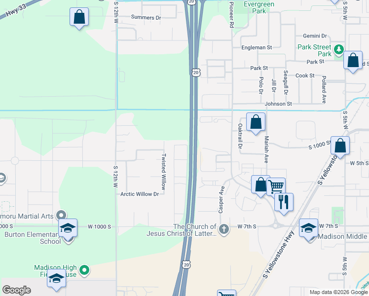 map of restaurants, bars, coffee shops, grocery stores, and more near 460 Sunflower Road in Rexburg