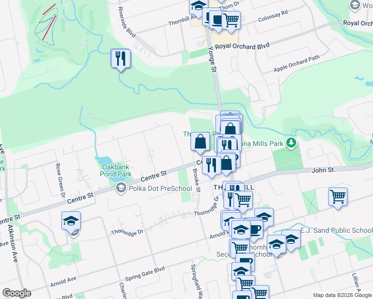 map of restaurants, bars, coffee shops, grocery stores, and more near 7 Thornbank Road in Vaughan