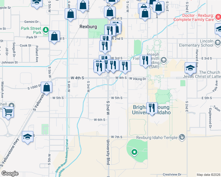 map of restaurants, bars, coffee shops, grocery stores, and more near 431 South 2nd West in Rexburg