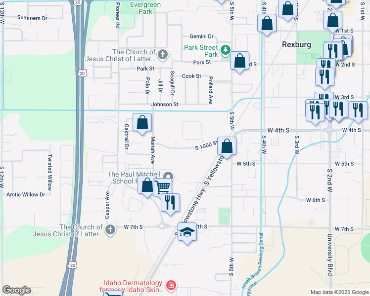 map of restaurants, bars, coffee shops, grocery stores, and more near 645 Trejo Street in Rexburg