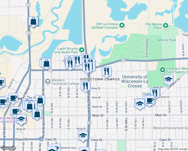 map of restaurants, bars, coffee shops, grocery stores, and more near in La Crosse