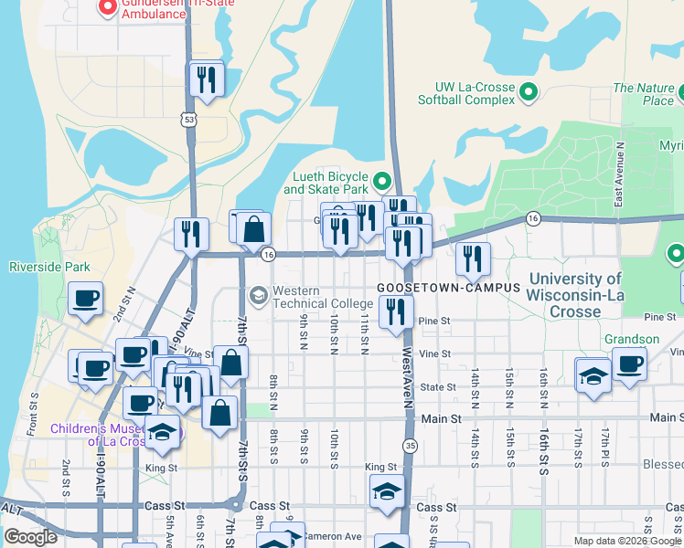 map of restaurants, bars, coffee shops, grocery stores, and more near 508 10th Street North in La Crosse