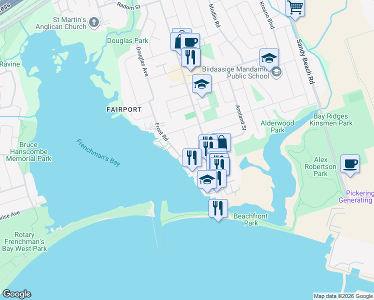 map of restaurants, bars, coffee shops, grocery stores, and more near 606 Annland Street in Pickering