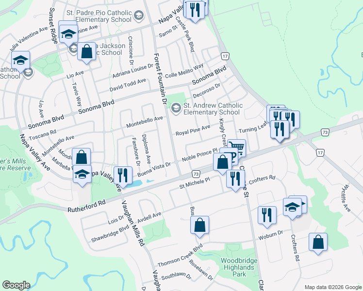 map of restaurants, bars, coffee shops, grocery stores, and more near 26 Crown Crescent in Vaughan
