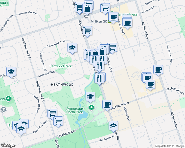 map of restaurants, bars, coffee shops, grocery stores, and more near 39 Shepton Way in Toronto