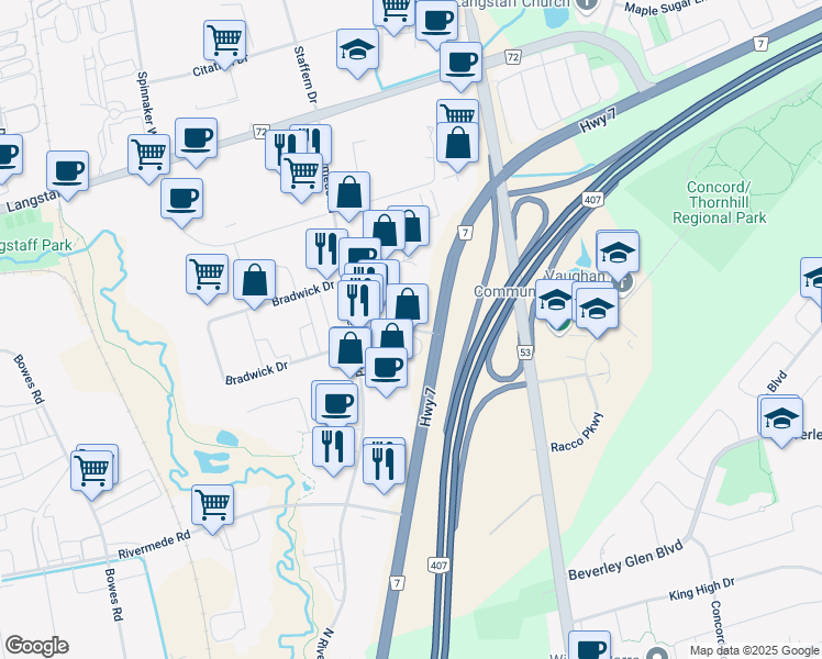 map of restaurants, bars, coffee shops, grocery stores, and more near Bradwick Drive in Vaughan