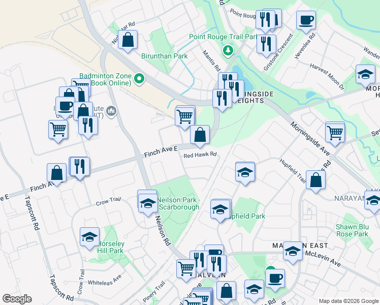 map of restaurants, bars, coffee shops, grocery stores, and more near 18 Red Hawk Road in Toronto