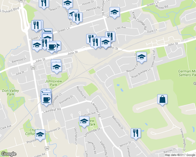 map of restaurants, bars, coffee shops, grocery stores, and more near 14 Coral Harbour Crescent in Markham