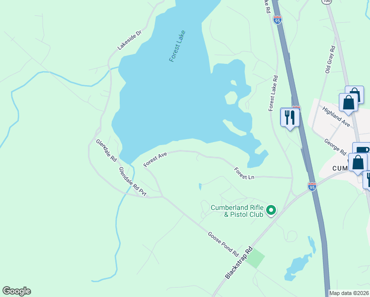 map of restaurants, bars, coffee shops, grocery stores, and more near 56 Forest Avenue in Windham