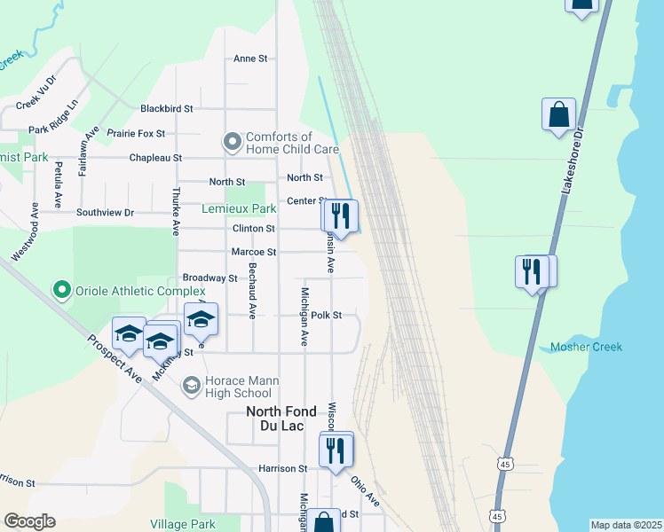 map of restaurants, bars, coffee shops, grocery stores, and more near 44 Broadway Street in North Fond du Lac