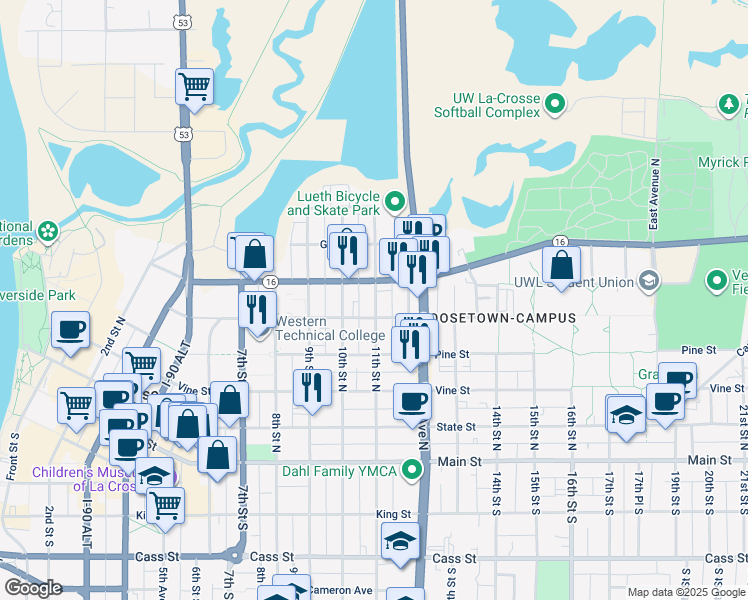 map of restaurants, bars, coffee shops, grocery stores, and more near 504 11th Street North in La Crosse