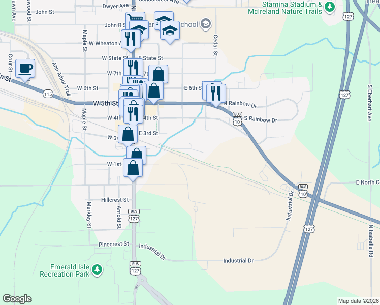 map of restaurants, bars, coffee shops, grocery stores, and more near 304 East 2nd Street in Clare