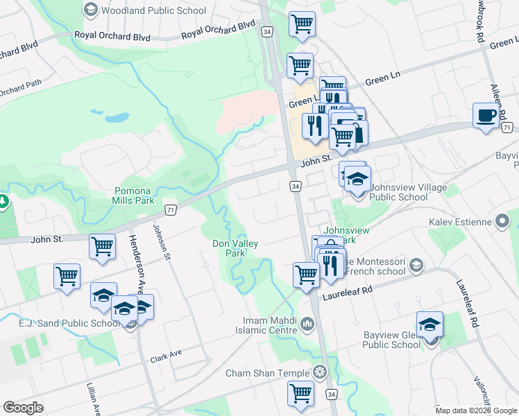 map of restaurants, bars, coffee shops, grocery stores, and more near in Markham