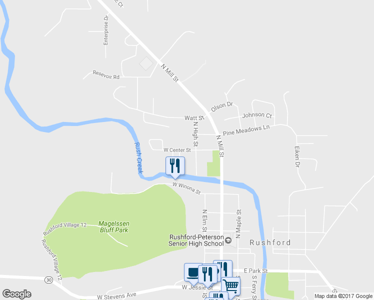 map of restaurants, bars, coffee shops, grocery stores, and more near 206 West Center Street in Rushford