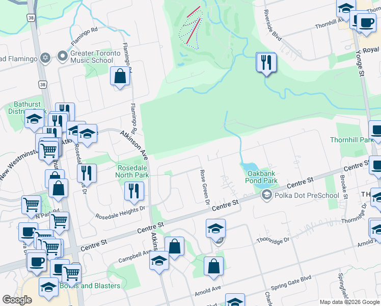map of restaurants, bars, coffee shops, grocery stores, and more near 129 Rose Green Drive in Vaughan