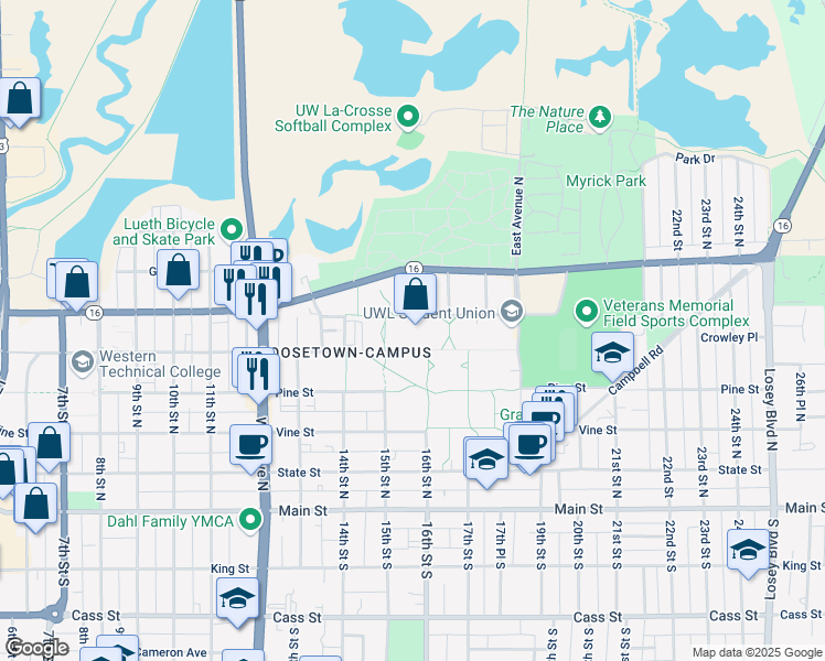 map of restaurants, bars, coffee shops, grocery stores, and more near 1601 Badger Street in La Crosse