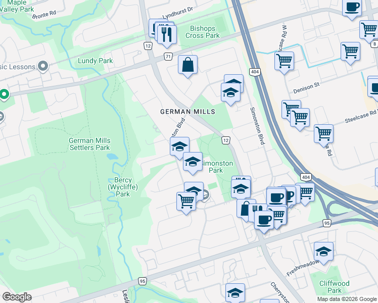 map of restaurants, bars, coffee shops, grocery stores, and more near 12 Granada Court in Markham