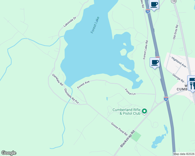 map of restaurants, bars, coffee shops, grocery stores, and more near 56 Forest Avenue in Windham