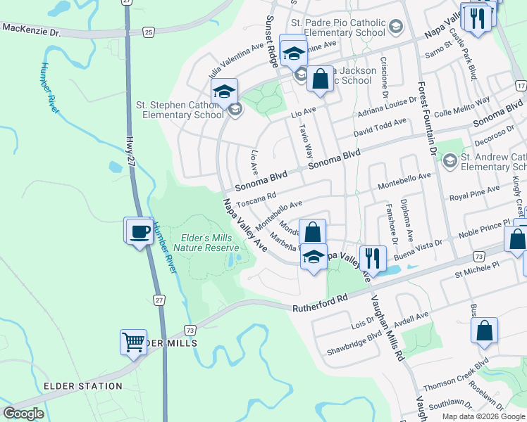 map of restaurants, bars, coffee shops, grocery stores, and more near in Vaughan