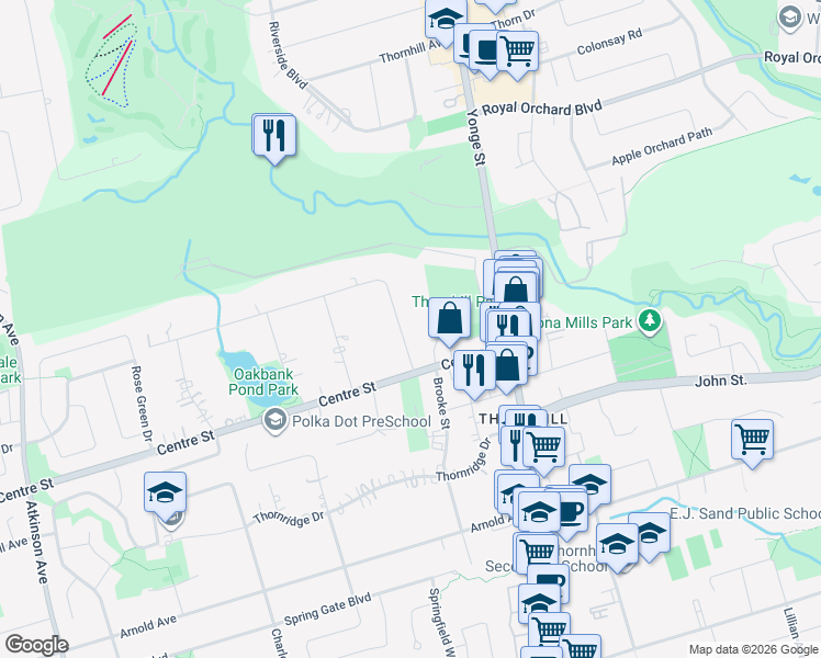 map of restaurants, bars, coffee shops, grocery stores, and more near 7 Thornbank Road in Vaughan