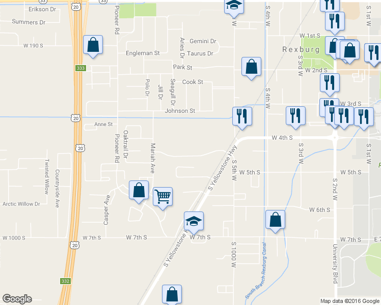 map of restaurants, bars, coffee shops, grocery stores, and more near 616 Trejo Street in Rexburg