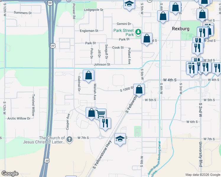 map of restaurants, bars, coffee shops, grocery stores, and more near 645 Trejo Street in Rexburg